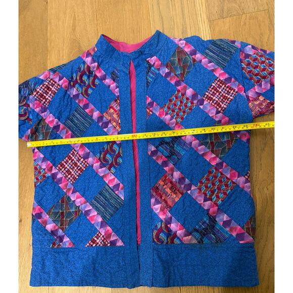 Handmade Quilted Jacket with Pockets Blue Pink L/XL Grannycore Cottagecore - Picture 7 of 8